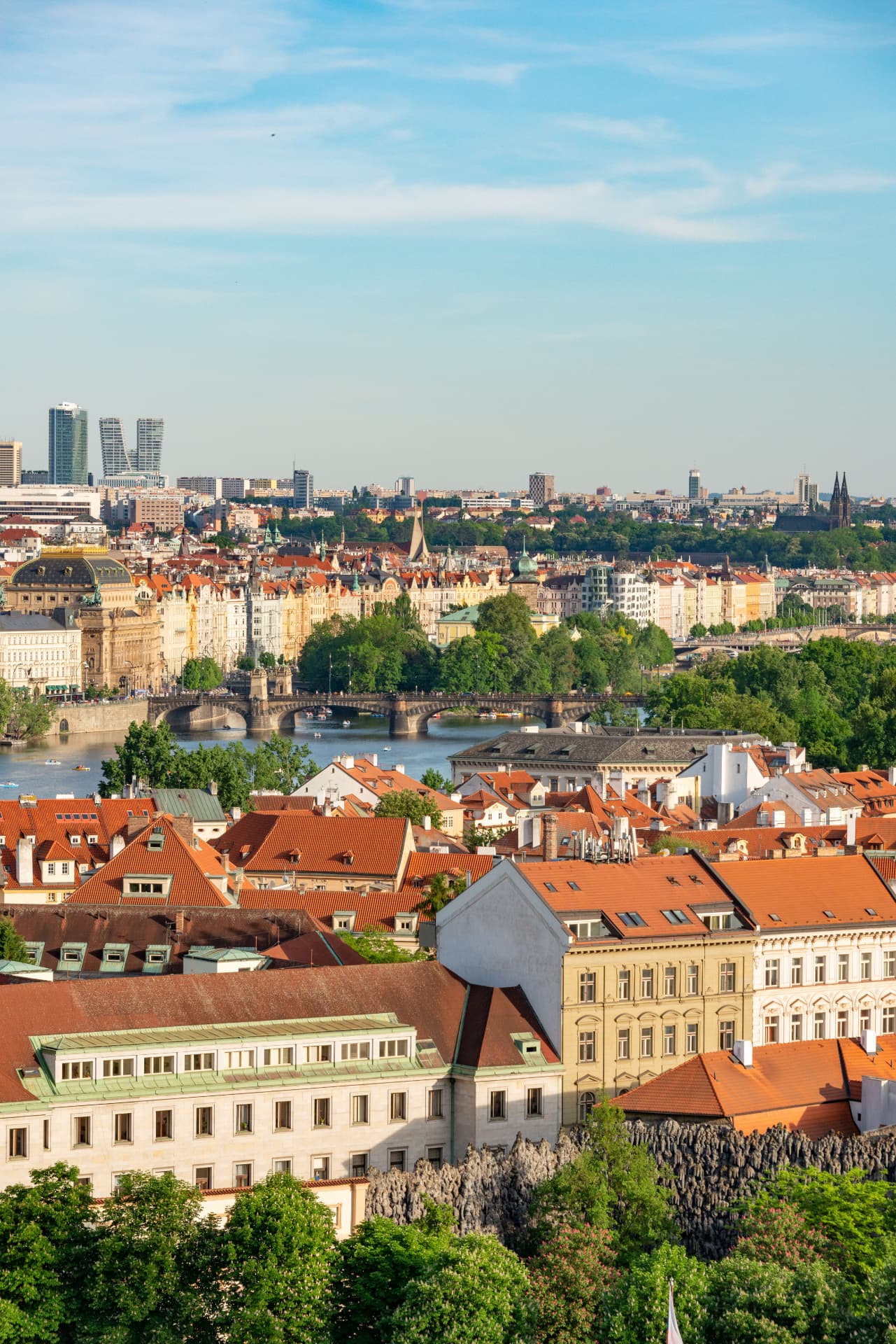 Toits rouges de Prague et ponts sur la Vltava